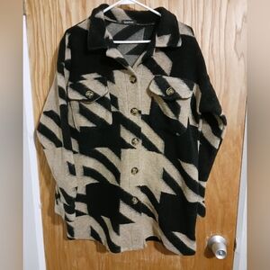 Boohoo Longline Wool Blend Abstract Shacket Black/ Beige Womens Size 6